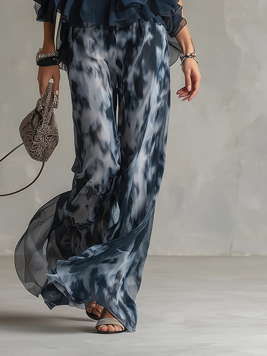 Leidy - Top blu navy con scollo all'americana e pantaloni stampati a gamba larga