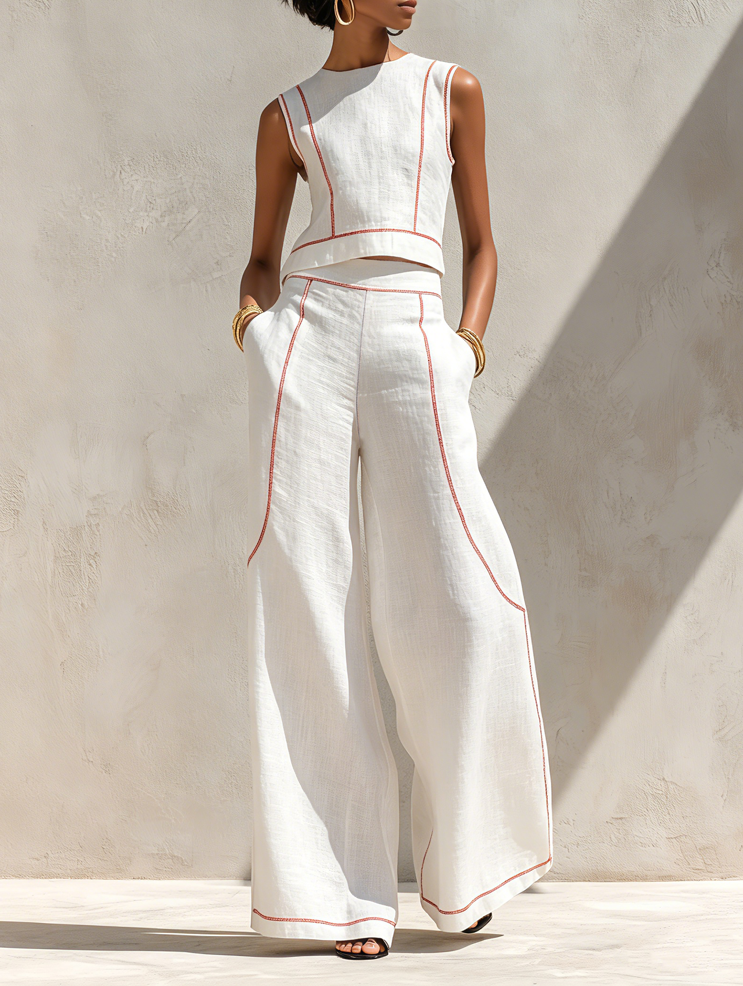 Ruhh - Completo donna minimalista in misto lino con cuciture a contrasto