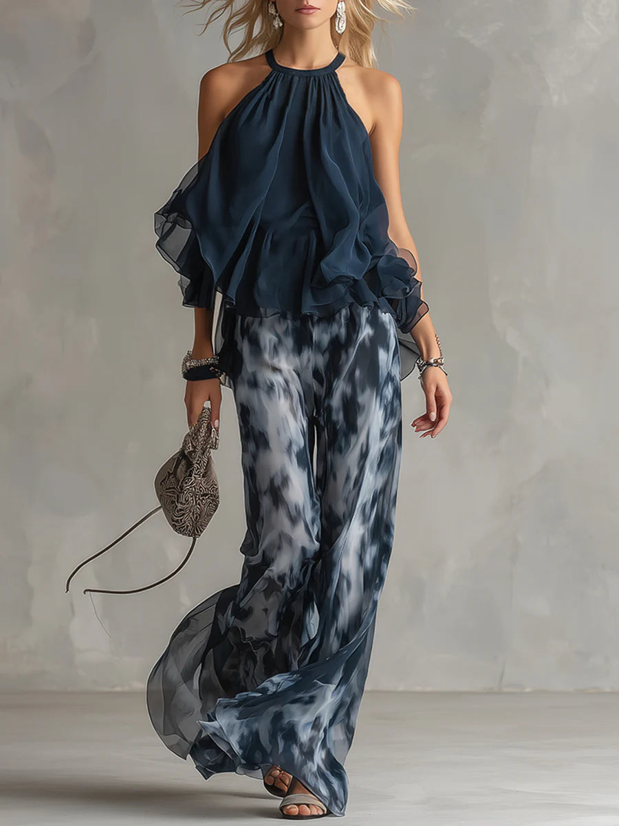 Leidy - Top blu navy con scollo all'americana e pantaloni stampati a gamba larga