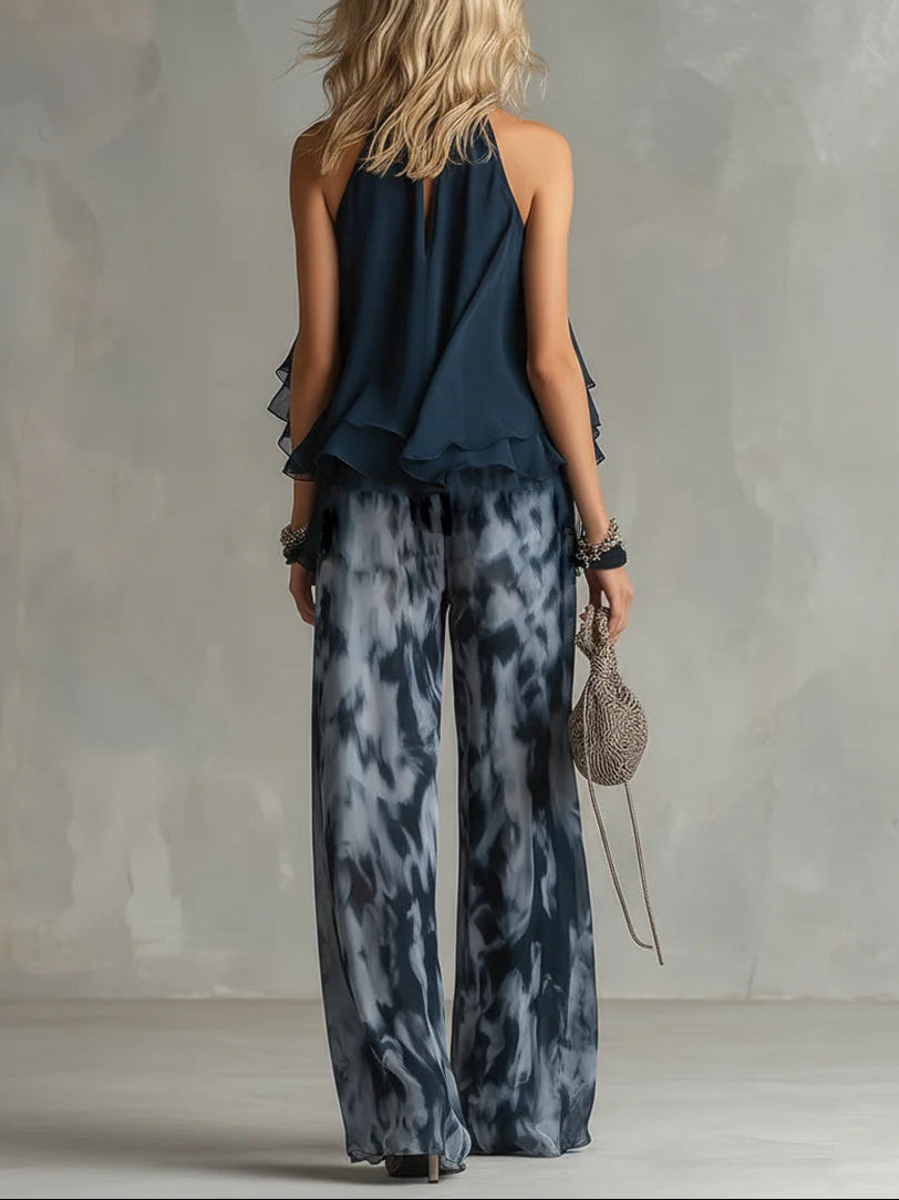 Leidy - Top blu navy con scollo all'americana e pantaloni stampati a gamba larga