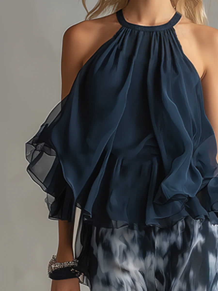 Leidy - Top blu navy con scollo all'americana e pantaloni stampati a gamba larga