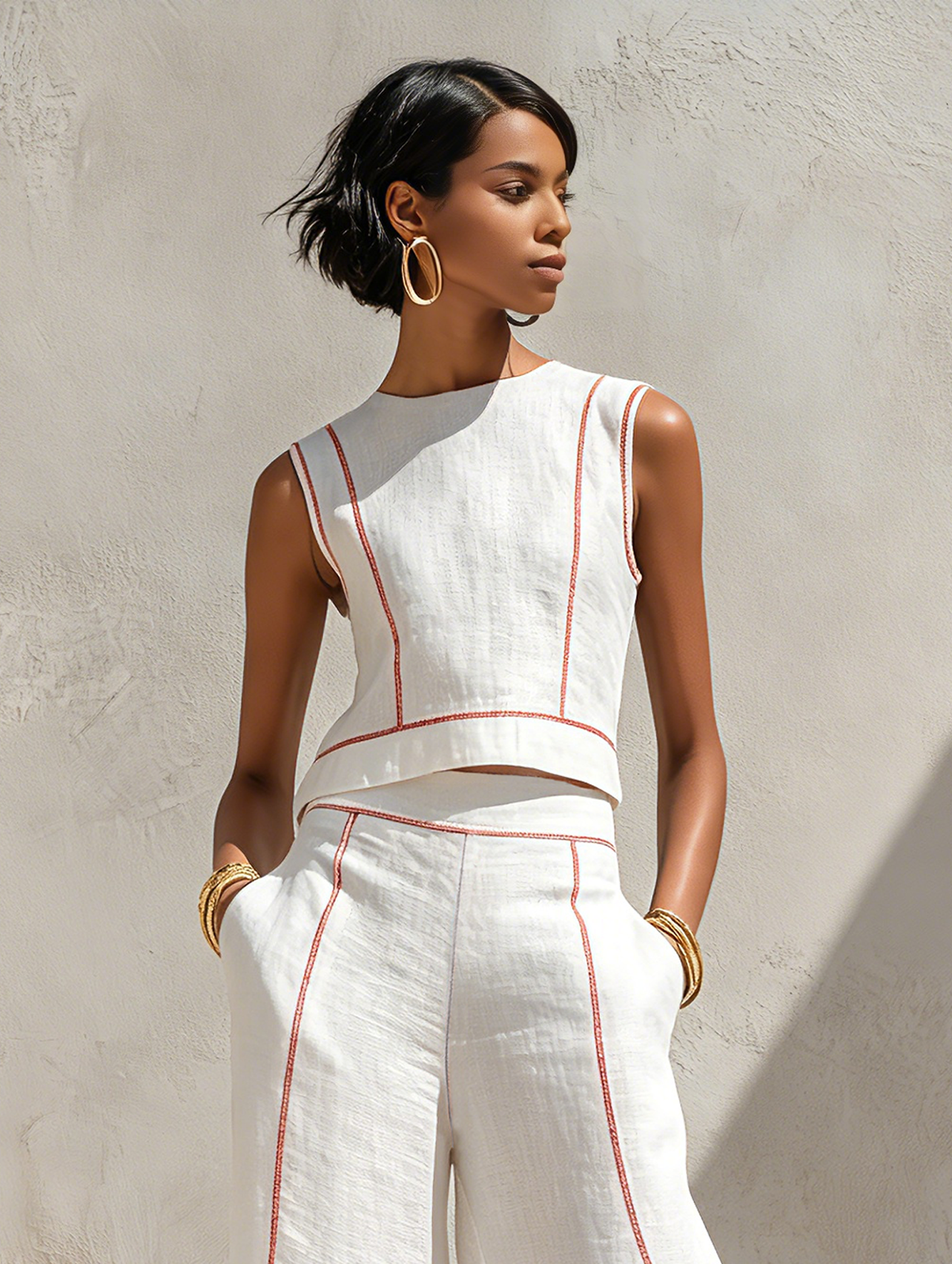 Ruhh - Completo donna minimalista in misto lino con cuciture a contrasto