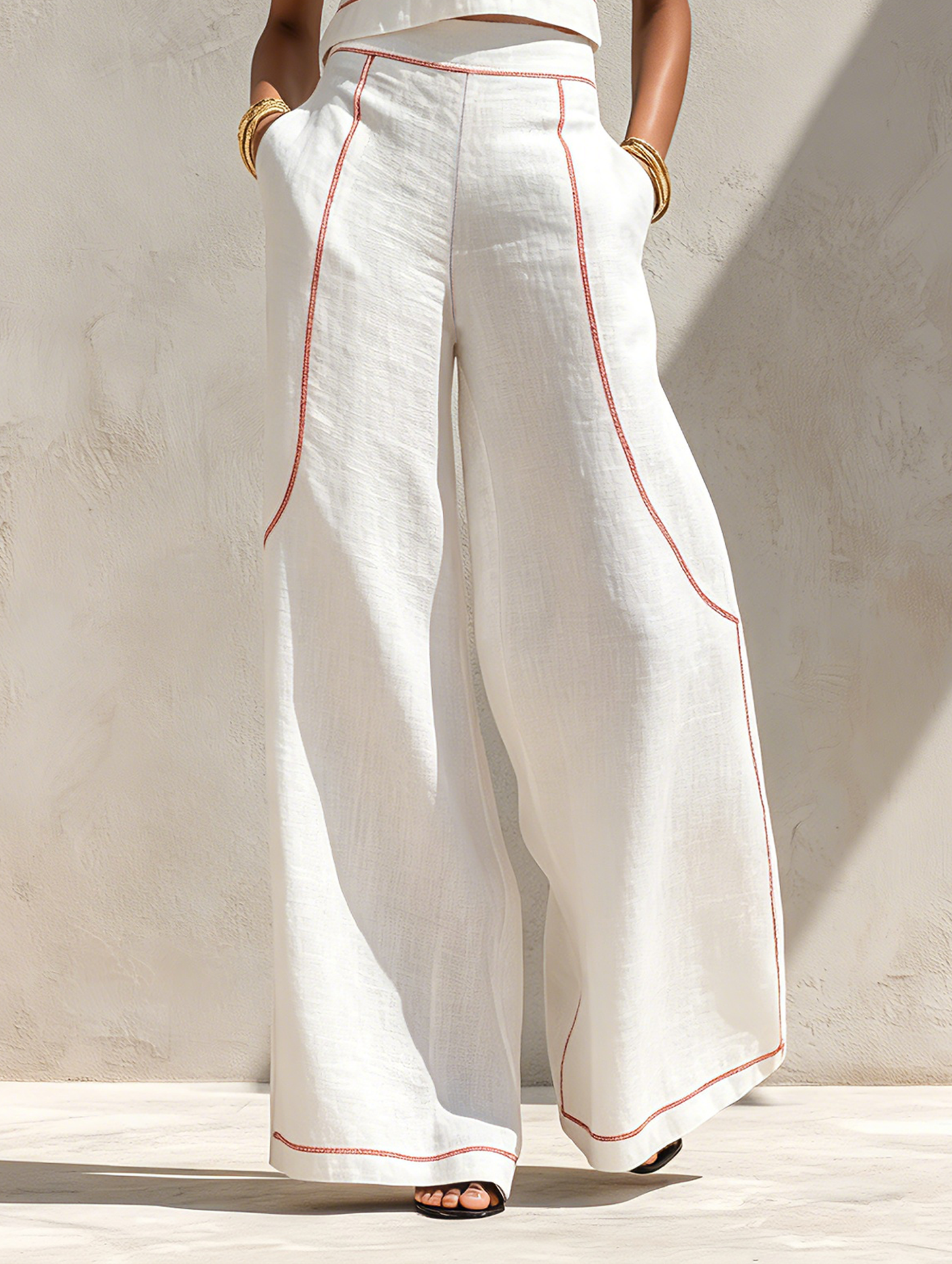 Ruhh - Completo donna minimalista in misto lino con cuciture a contrasto