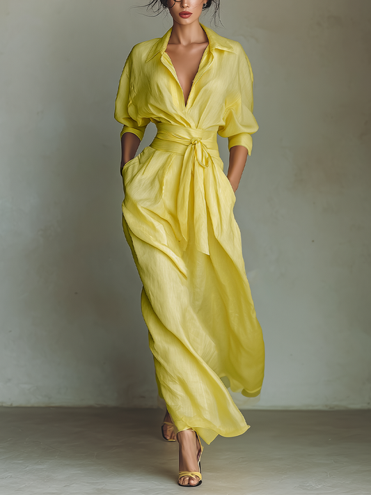 Vittoria | Abito chemisier maxi giallo limone con cintura