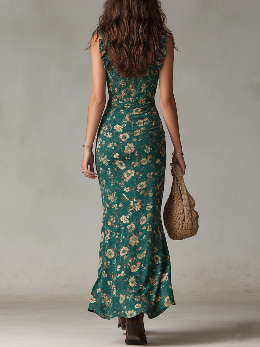 Zara ¦ Vestito maxi boho retrò con maniche arricciate e spacco alto