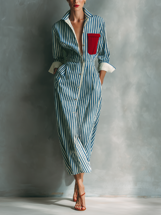Celeste | Vestito camicia a righe con taschino rosso sul petto