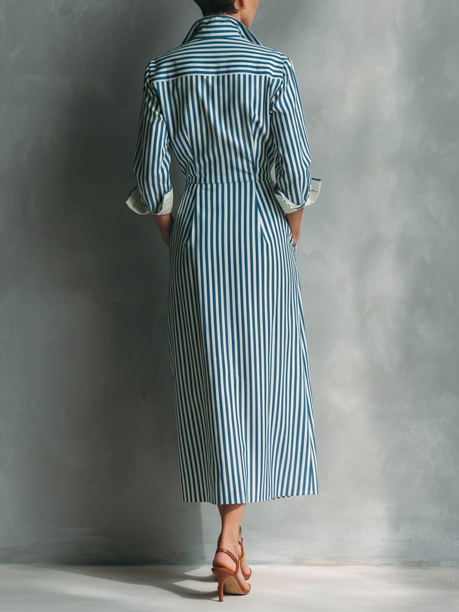Celeste | Vestito camicia a righe con taschino rosso sul petto