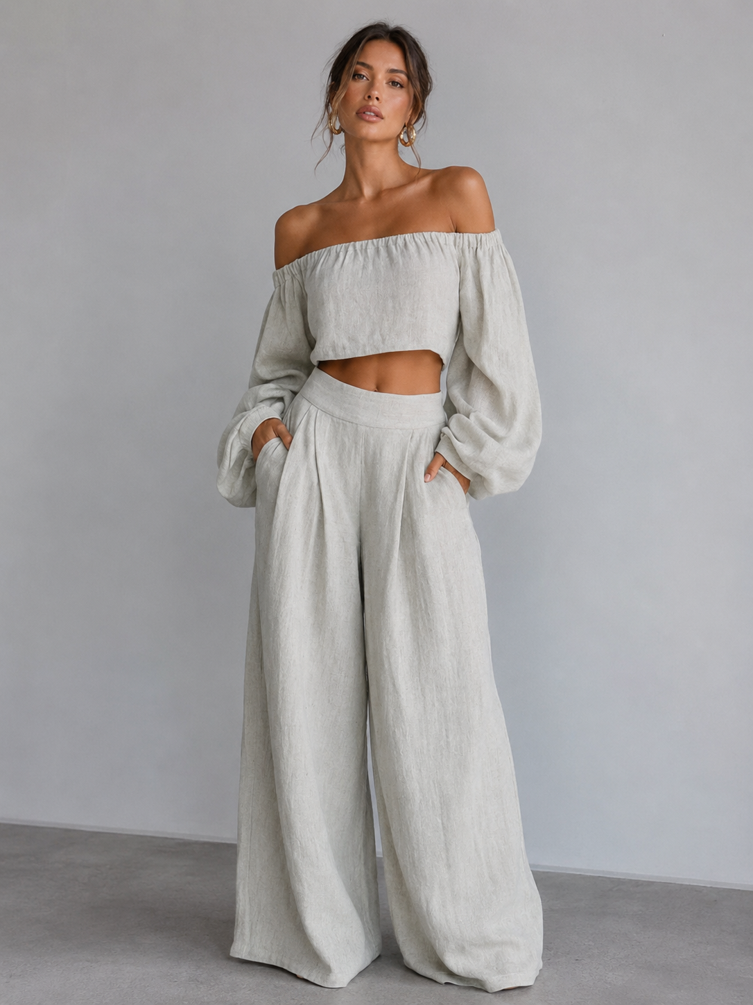 Giorgia - Completo Elegante in Lino con Top Corto e Pantaloni Palazzo