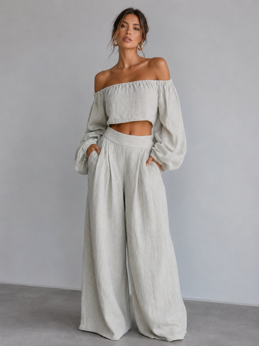 Giorgia - Completo Elegante in Lino con Top Corto e Pantaloni Palazzo