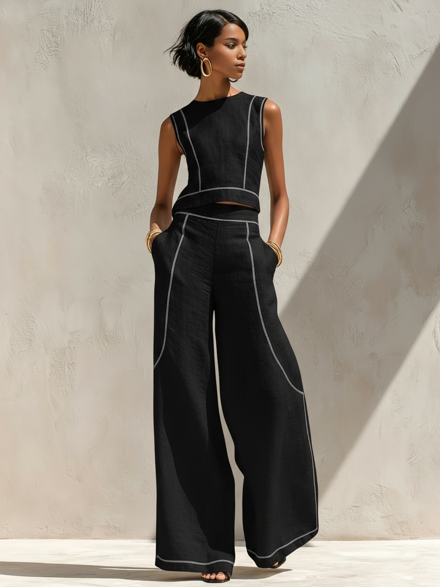 Ruhh - Completo donna minimalista in misto lino con cuciture a contrasto