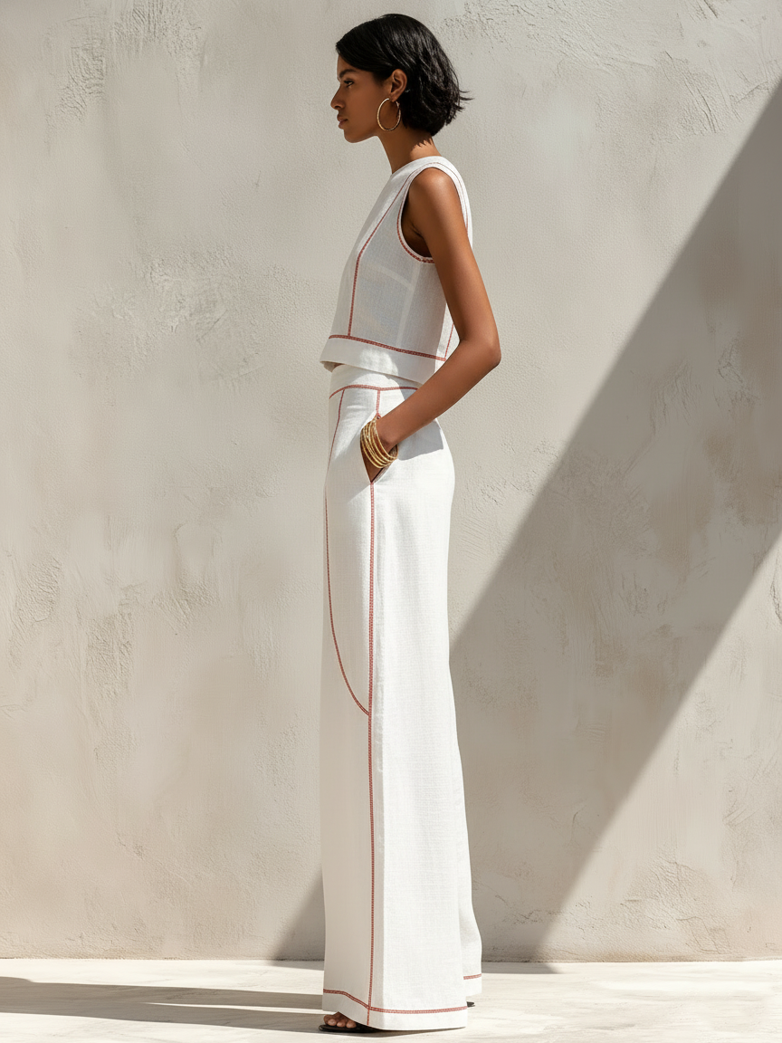 Ruhh - Completo donna minimalista in misto lino con cuciture a contrasto