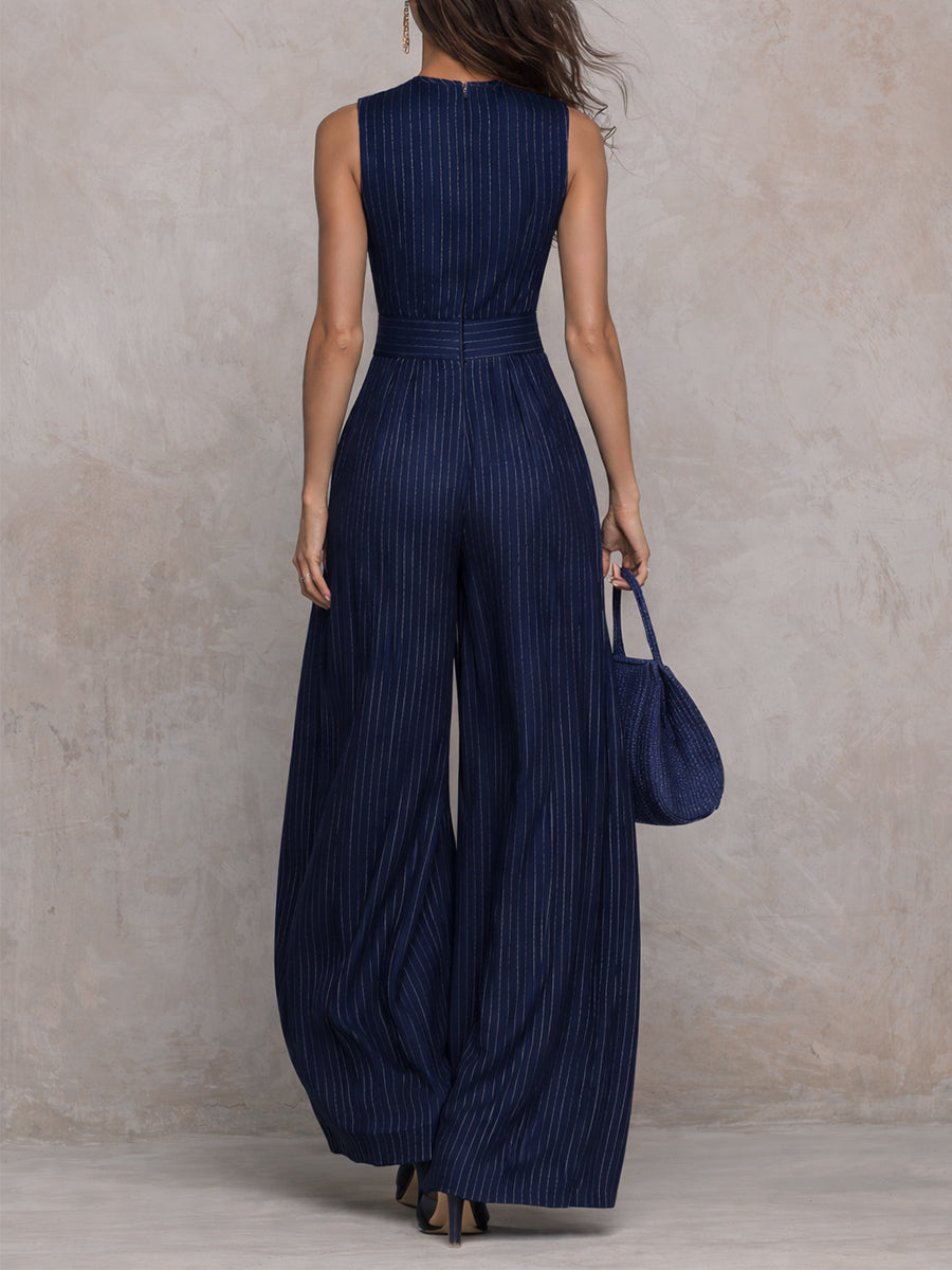 Anna ¦ Tuta blu scuro a righe con scollo a chiave e pantaloni a gamba larga