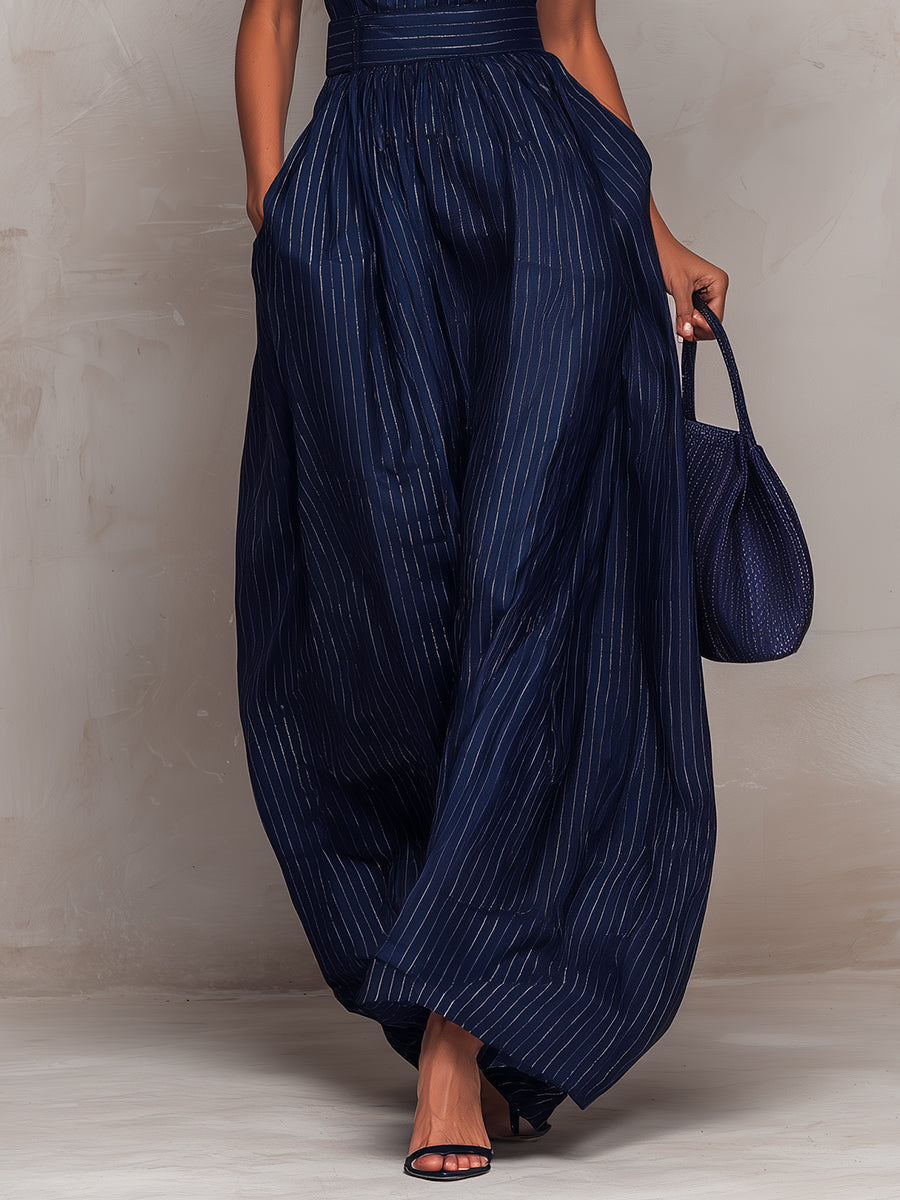 Anna ¦ Tuta blu scuro a righe con scollo a chiave e pantaloni a gamba larga
