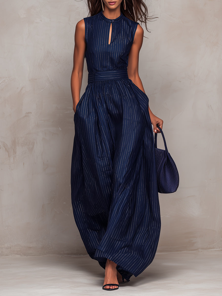 Anna ¦ Tuta blu scuro a righe con scollo a chiave e pantaloni a gamba larga